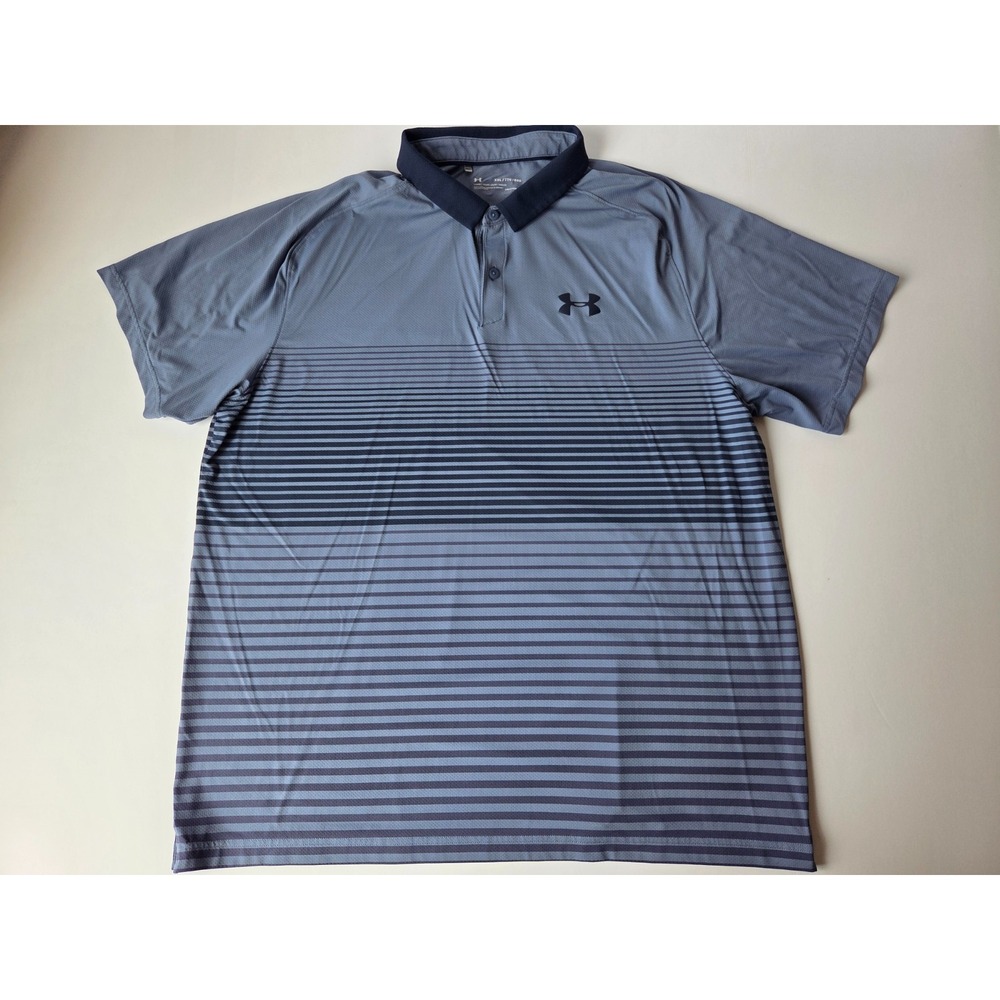 Under Amour Shirt Mens 2 Extra Large Blue Stripped Performance Stretch Polo Golf